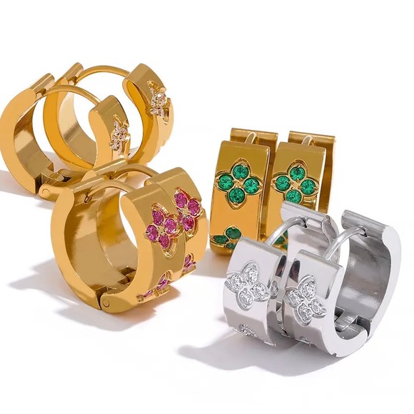 ◾️ 18K Gold Plated Pink Cubic Zirconia Round Chic Hoop Earrings - Picture 4 of 7